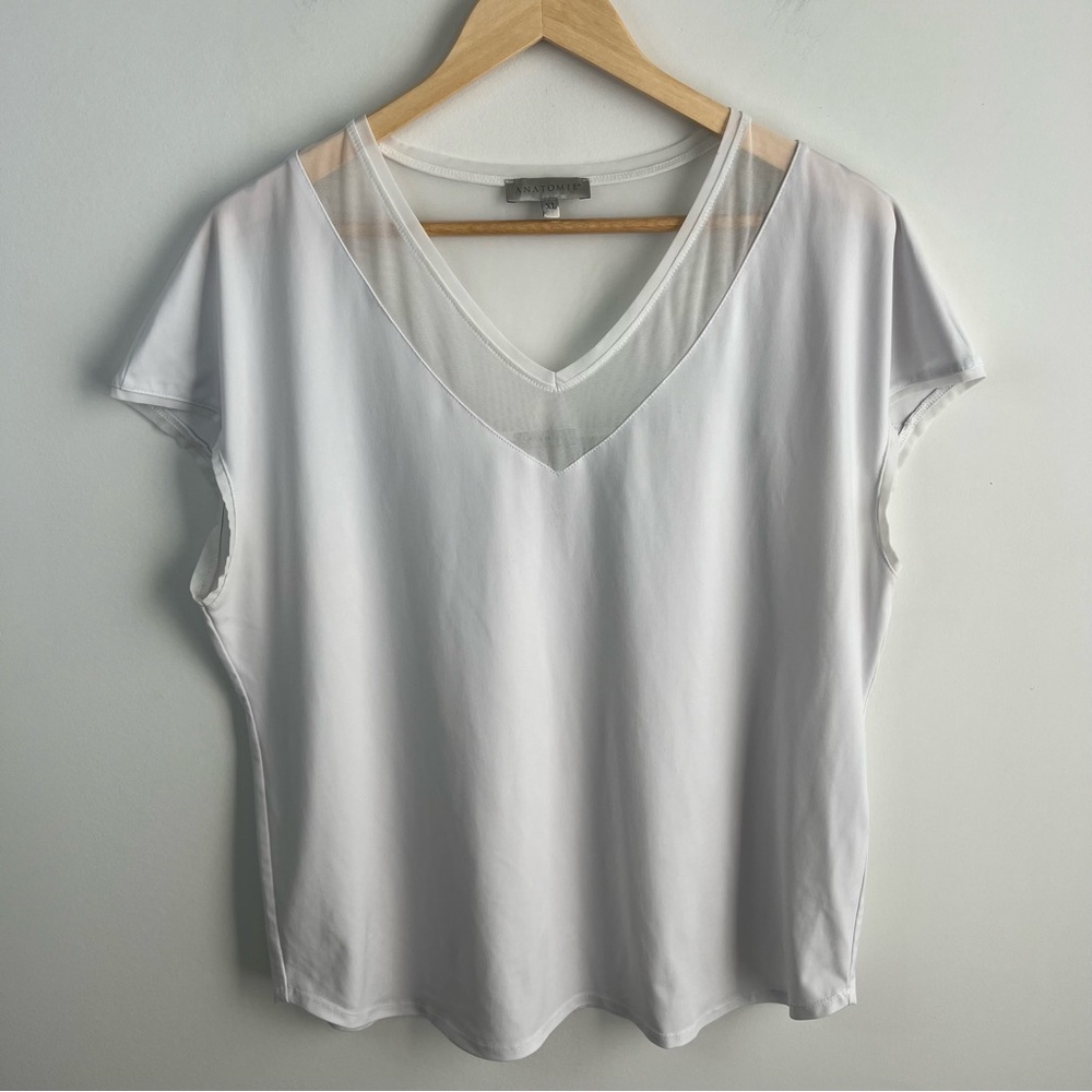 Anatomie Womens Top White Short Sleeve Mesh Inset Sleeve VNeck Blouse Stretch,XL